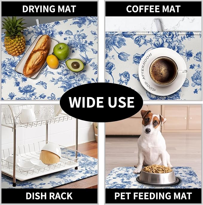 Dish Drying Mat for Kitchen Counter Blue and White Floral Drying Mats Chinoiserie Vintage Flowers Dish Drying Pad for Dishes Microfiber Absorbent Dish Drainer Rack Mat for Countertop 18x24 Inch