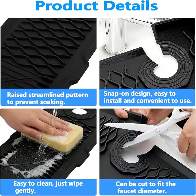 EBIGIC 24 Inch Silicone Faucet Mat for Kitchen Sink, 7° Slope Fast Self-Draining Sink Splash Guard, Kitchen Sink Water Catcher Organizer, Kitchen Sink Accessories (Black, 24''x5.6'')