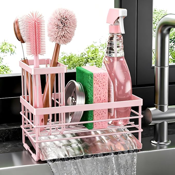 Cisily Sink Caddy Sponge Holder for Kitchen with Brush Holder and Stainless Steel Self Drain Tray, Rustproof Kitchen Sink Organizer for Sponge, Soap Dispenser Storage Accessories