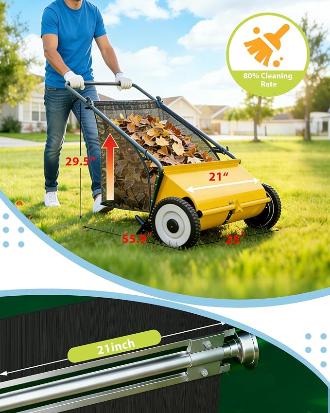 Garvee Push Lawn Sweeper,21-Inch Width Enhanced 4-Brush System with Large 3.5 cu. ft. Hopper Bag, Ideal for Yard and Garden Cleanup, Yellow | Brush Height Adjustment, All-Terrain Suitable, 7 cu.ft Hopper Bag, Durable Steel Frame, Easy Setup, Compact & ...