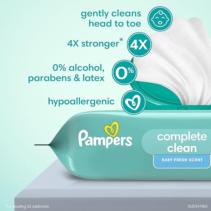 Pampers Baby Wipes, Complete Clean Baby Fresh Scented Wipe, Gently Cleans Head to Toe, 72 Total (1 Flip-Top Packs) (Pack of 8)