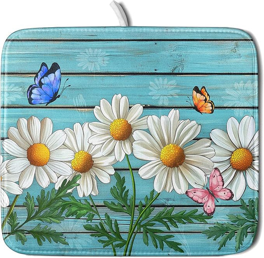 Daisy Dish Drying Mat for Kitchen Counter 16x18in Turquoise Daisy Old Wooden Board Kitchen Mat Absorbent Reversible Microfiber Dishes Pad Fast Drying Dish Drainer Mats for Countertop