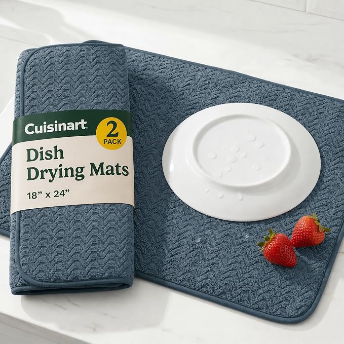 Cuisinart Dish Drying Mat for Kitchen Counter - 2-Pack XL 18x24 Ultra Absorbent Microfiber Dish Mat - Fast Drying, Machine Washable, Foldable Countertop Pad - Safe for Granite & Quartz