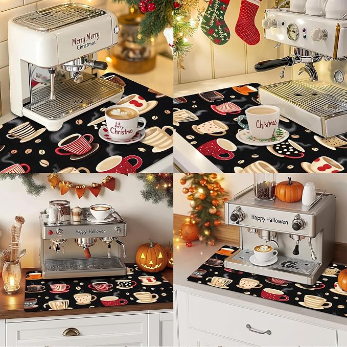 Dish Drying Mat Large Coffee Mat Absorbent Drying Mat for Kitchen Counter Coffee Bar Accessories 32"x 17", Latte Cups 2