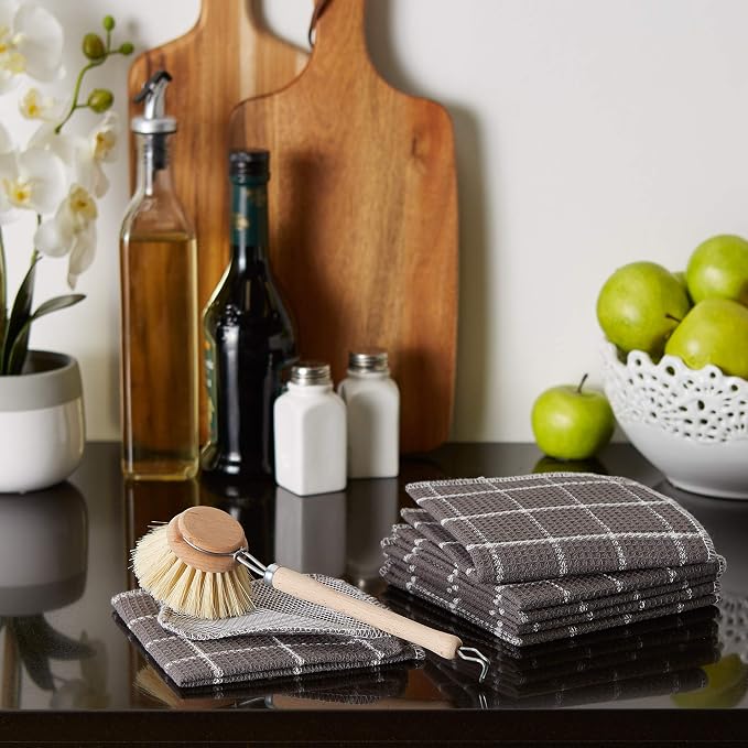 DII Scrubber Dishcloths Collection Windowpane Dishrag Set, 12x12, Gray/White, 6 Piece