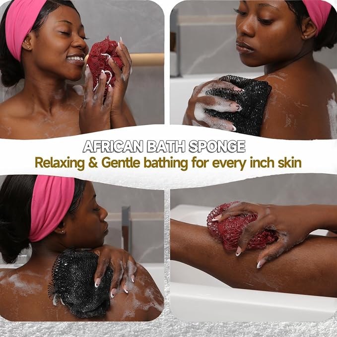 SubSahara Authentic African Net Sponge - 2 Pack Exfoliating Bath & Shower Loofah Sponge for Body & Face, Gentle Scrubber for All Skin Types, Travel, Durable (Gray & Rust Red)