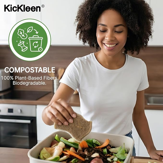 9 Pack Kickleen Biodegradable Natural Kitchen Sponges - Compostable Cellulose and Coconut Walnut Scrubber Sponge - Eco Friendly Sustainable Sponges for Dishes (9 Pack)