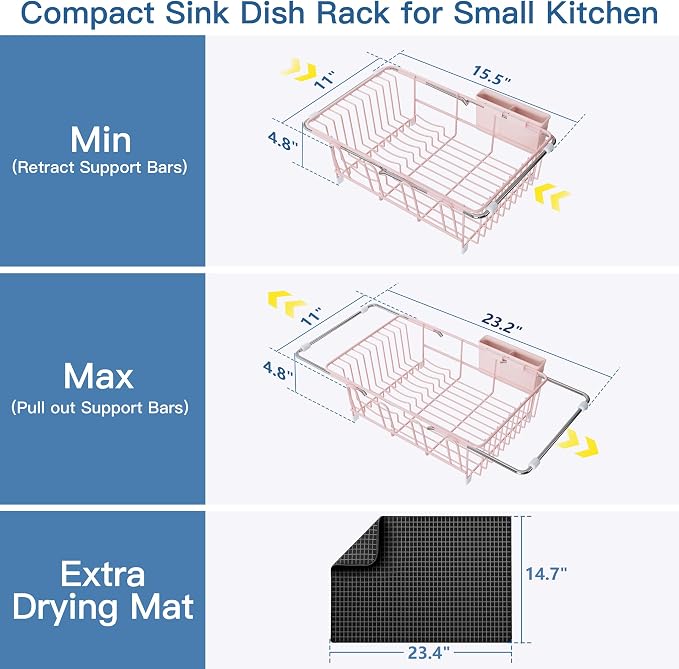 JASIWAY Pink Dish Drying Rack in Sink with Mat, Expandable Stainless Steel Dish Drainers for Kitchen Counter, Space Saving Dish Dryer for Inside Sink, Over Sink Dish Racks with Utensil Holder