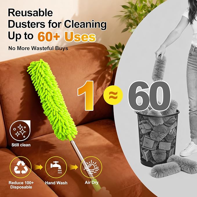 Tiumso Duster with Extension Pole 100 inch Extendable Reusable Dusters for Cleaning 5-in-1 Anti-Spin Dusting Kits for High Ceiling Fans, Cobwebs & Vents, Reinforced Stainless Steel Telescopic Handle