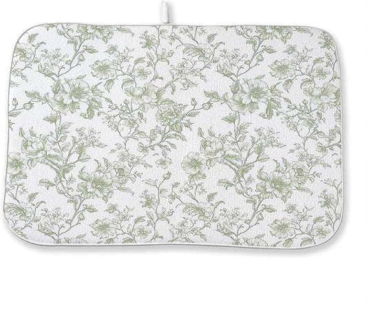 Sage Green Dish Drying Mat 18 x 24 Inch Chinoiserie Light Green Floral Drying Mat for Kitchen Counter Absorbent Spring Summer Flowers Dishes Dry Pad for Drainer Rack Kitchen Fast Dry