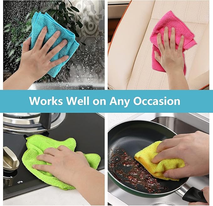 HOMEXCEL 150PK Microfiber Cleaning Cloth, Cleaning Rag for Home, 11.5x11.5 | Reusable, Lint Free, Scratch-Free and Highly Absorbent Towels for Kitchen, Window and Glass, Cars (Green/Blue/Yellow/Pink)