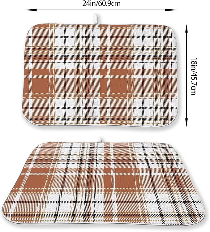 Fall Checkered Dish Drying Mats 18x24 Inch Autumn Burnt Brown Grey Buffalo Plaid Drying Mats Holiday Thanksgiving Dish Drying Pad Dish Rack Drainer Mats for Kitchen Dining Room Counter Decor