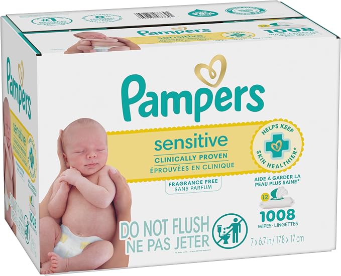 Pampers Sensitive Baby Wipes, Water Based, Clinically Proven, Hypoallergenic, and Unscented for Babies, 1008 Wipes Total (12 Flip-Top Packs) [Packaging May Vary]