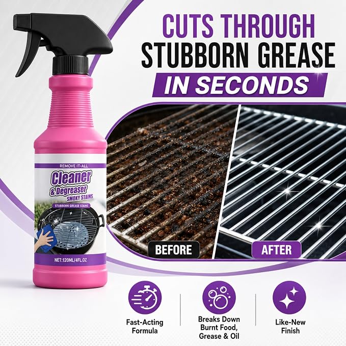 Fast-Acting Grill Cleaner Spray, Heavy Duty BBQ Degreaser for Burnt Food & Stubborn Grease, Powerful No-Scrub Oven & Kitchen Cleaner for Grills, Stovetops & Pans (1)