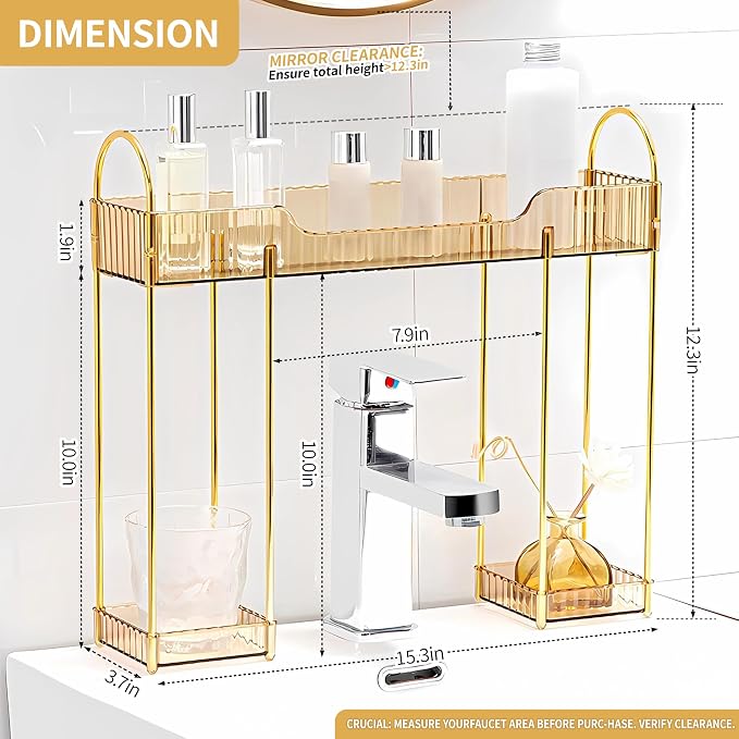 YCIA&DONE Bathroom Countertop Organizer Over The Faucet, Narrow Counter Organizers Above Sink, Table Mounted Faucet Sink Shelf for Kitchen, Toilet, Laundry(Amber Gold)
