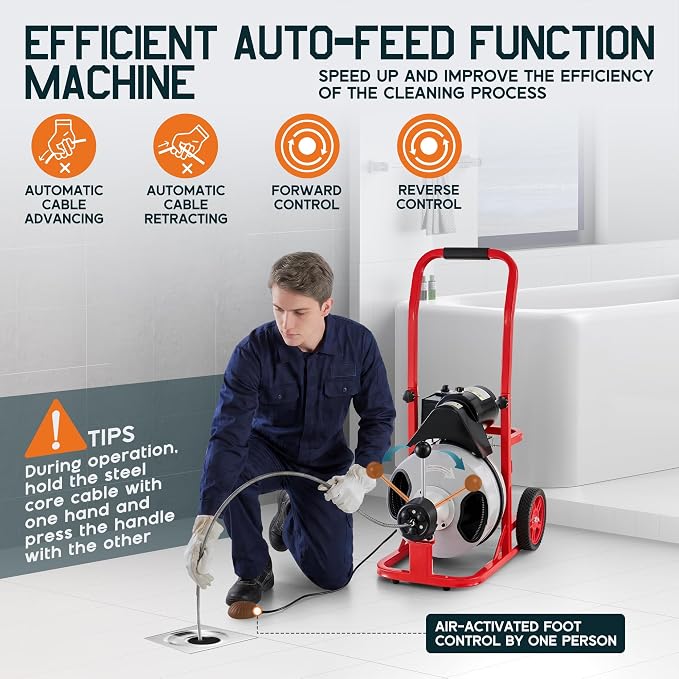 Albott 100 FT x 1/2 inch Electric Drain Cleaner Machine with Auto-Feed & 10 Cutters, Sewer Snake Auger for 1–4 Inch Pipes, Foot Switch & Wheels, Ideal for Home & Commercial Use, Gray/Red