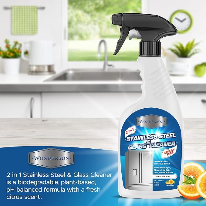 Wonderson 2-In-1 Stainless Steel & Glass Cleaner 16 Ounces - For Use On Appliances, Countertops, Sinks, Stovetops, Dishwashers, Windows, Bathrooms, Cars, & More!