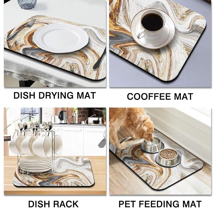 Dish Drying Mat 2-Pack in Marble Swirl for Kitchen Counter Dishes Mat | Diatom Mud Mats (18x24, 19.5x12"). Non-slip rubber back for kitchen counter, coffee bar & sink scenes