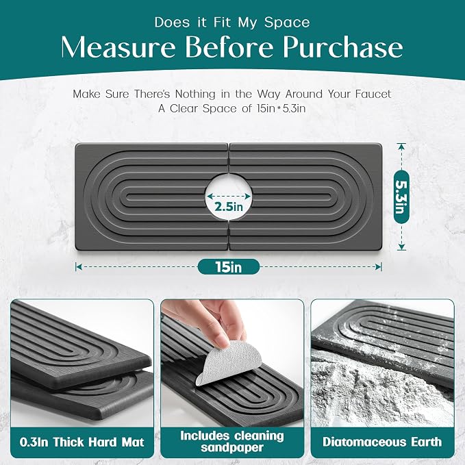 eormoe Faucet Mat for Kitchen Sink - Wider Diatomite Fast Drying Stone Sink Tray, Super Absorbent, Prevents Moisture Buildup - Faucet Splash Guard for Bathroom Counter (Dark Grey, 15x5.3inch)