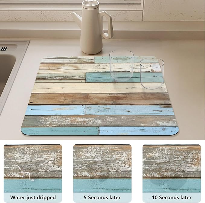 Dish Drying Mat for Kitchen Counter Wood Grain Splicing Absorbent Coffee Bar Mat Dish Drainer Rack Mat Drainer Pad Washable Foldable Ultra Absorbent Dry Mat 23.6" X 19.7"