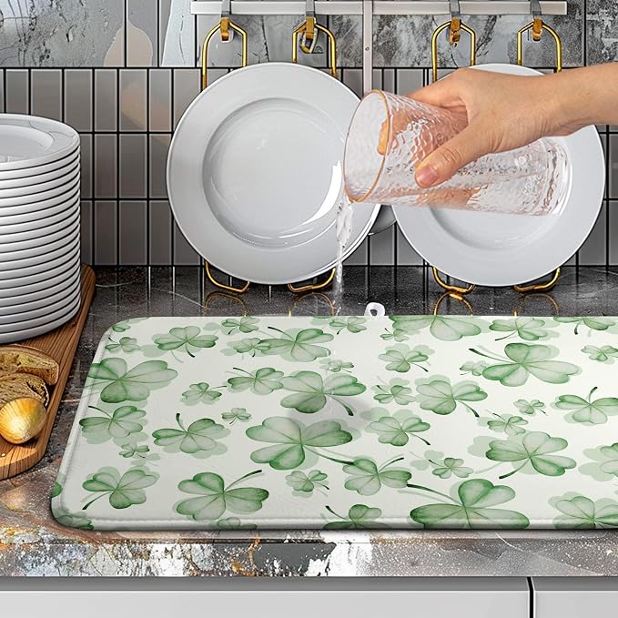 Green Clover Kitchen Drying Mat St Patrick's Day Lucky Shamrock Dish Drying Mats Spring Sage Green Dishes Dry Mat Microfiber Washable Large Dish Pad Super Absorbent Dish Drainer Rack Mat 18x24 Inch