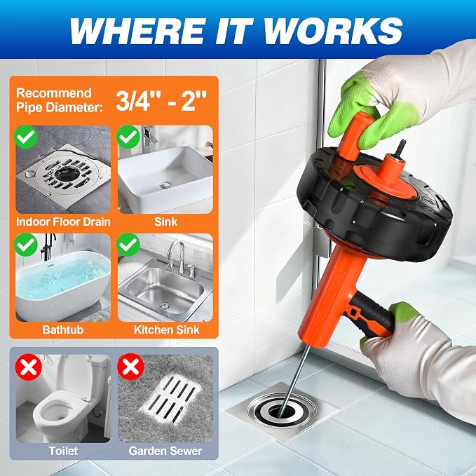 Drainsoon Auto Feed Drain Auger with Drill Adapter, 33 Feet Drain Snake Hair Clog Remover, Manual or Powered Plumbing Snake Drain Cleaner for Bathroom, Shower, Kitchen Sink, Comes with Gloves