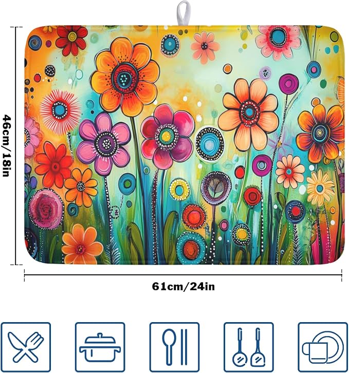 Abstract Colorful Floral Dish Drying Mat for Kitchen Counter Spring Summer Flower Microfiber Dish Drainer Mat Rustic Absorbent Washable Drying Pad Extra Large 18"x24"