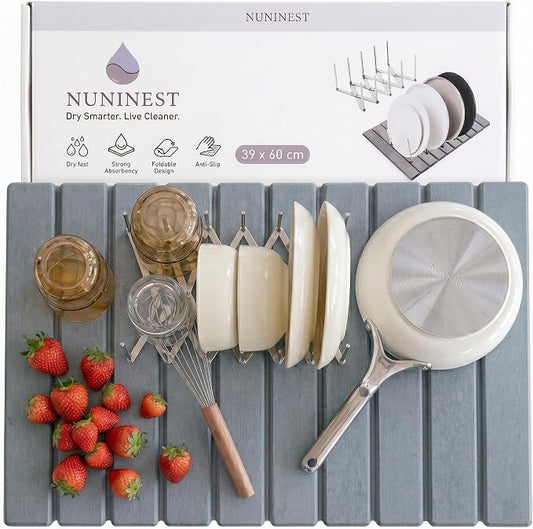 Diatomaceous Stone Dish Drying Mat with Collapsible Steel Rack - Quick Dry Kitchen Counter Set, Space Saving Foldable Dryer