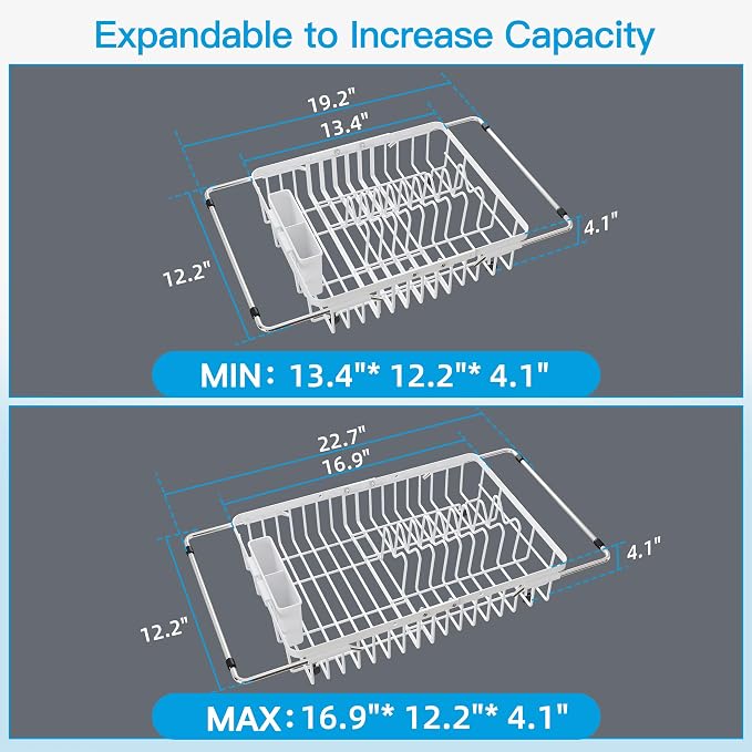JASIWAY Expandable Stainless Steel White Dish Drying Rack Over The Sink for Small Kitchen, Counter Space Saving Compact Plate Drainer Strainer, Adjustable Hanging Metal Dish Dryer with Utensil Holder