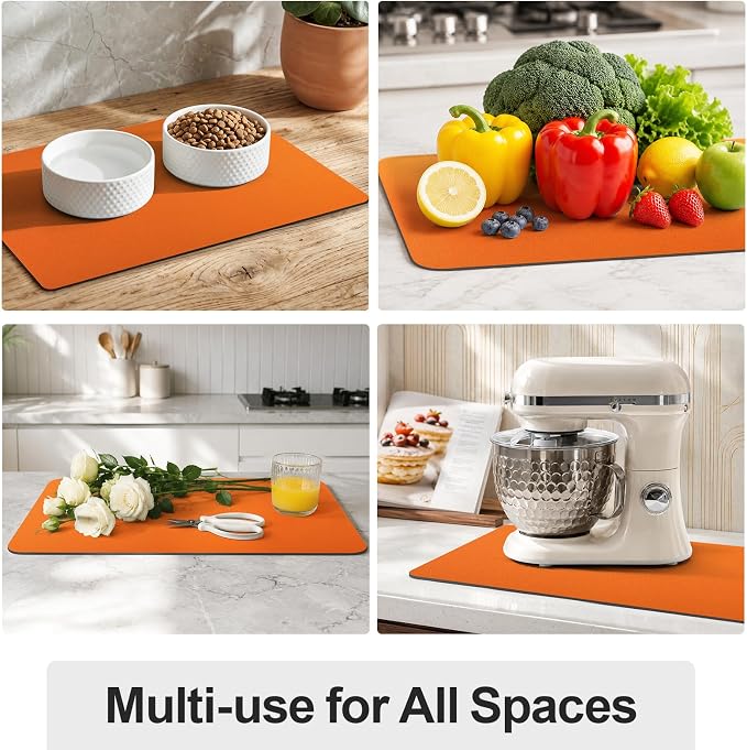 Ecotrim - Dish Drying Mat for Kitchen Counter | Coffee Bar Mat for Countertops | Heat Resistant Drainer Mat with Non-slip Rubber Backed | Hide Stain Kitchen Absorbent Draining Mat | Orange 16"x18"