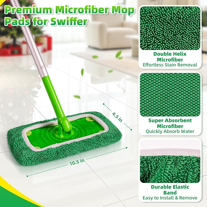Reusable Microfiber Mop Pads Compatible with Swiffer Sweeper Mop - Heavy Duty Wet Pads Refill & Washable Wet Cloths for Multi-Surface Floor Mopping - Stubborn Stains Removal (Forest Green ）