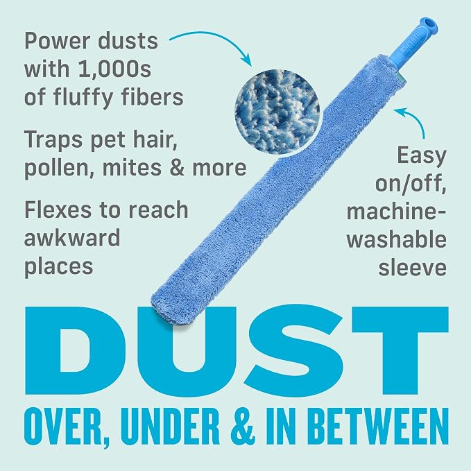 E-Cloth Cleaning & Dusting Wand - Long Hand Dusters for Cleaning, Reusable Microfiber Duster Washable, Cleans Dust & Pet Hair, Flexible Foam for Hard-to-Reach Ceiling Fan Blades - Blue (1 Pack)