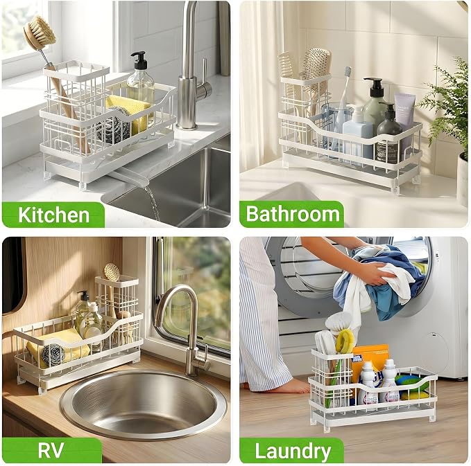 Sponge Holder for Kitchen Sink, Rustproof Sink Caddy Organizer with Dish Brush Holder, Self-Draining Kitchen Sink Organizer Countertop for Soap Dispenser, Scrubber and Sink Storage Essentials, White