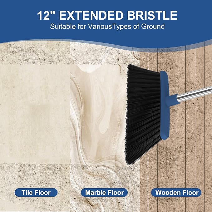 Broom and Dustpan Set, 51" Long Handle Broom with Mini Set Navy Blue | Mini Set for Tables, Kitchens & Tight Spaces, Built-in Comb Dustpan, Foldable Space-Saving Storage, Multi-Surface Use
