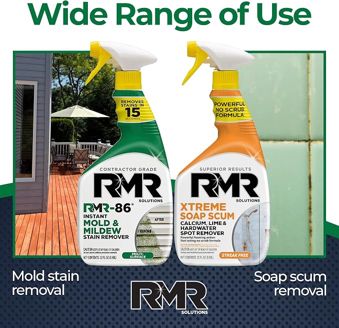 RMR Instant Mold & Mildew Stain Remover Spray + Xtreme Soap Scum Remover, No-Scrub Indoor/Outdoor Cleaning System for Bathroom, Shower, Siding, & Deck, 2–32 Oz Bottles