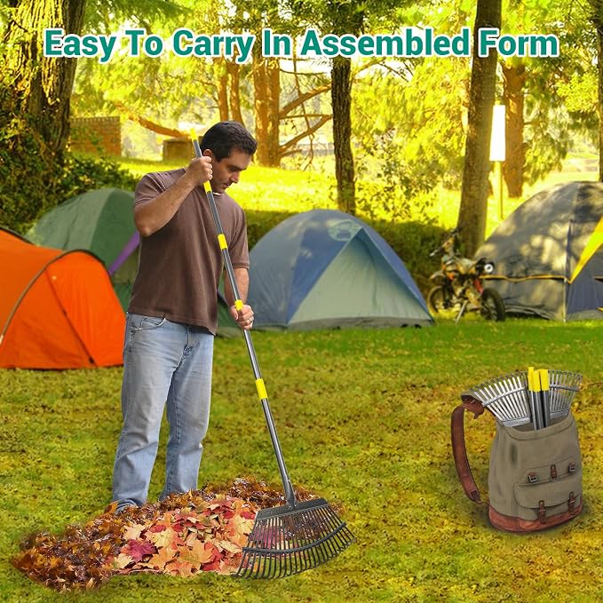 Adjustable Garden Rake for Leaves 36-73" Long Handle, 18" Wide, Heavy Duty with 25 Metal Tines ，Includes 32Gallon Leaf Bags，Designed for Lawns, Grass, Shrubs ，Flower Beds