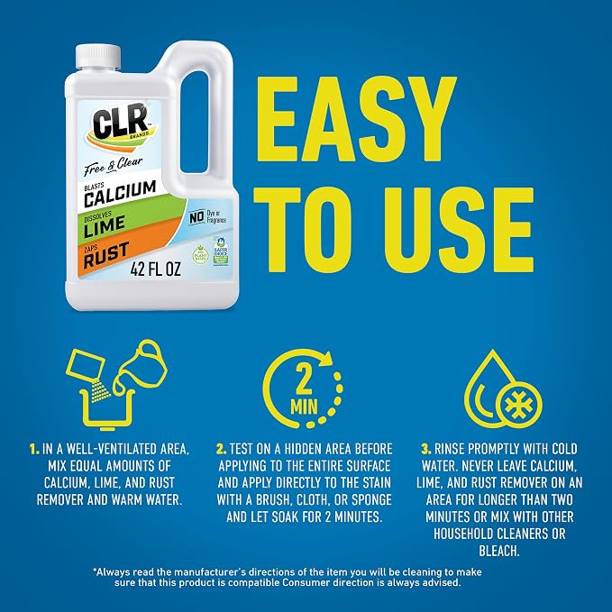CLR Brands Calcium, Lime & Rust Remover Free & Clear, No Dyes or Fragrances, Gentle Lime and Bathroom Descaler, Removes Hard Water Stains and Rust Deposits, 42 Oz Bottle