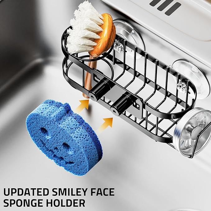 Cisily Sponge Holder Smiley Face, Sink Caddy for kitchen Sink, Kitchen Organizer Sponge Holder with 2 PCS Suction Cups and Adhesive Strips, Designed for Sponge, Soap, Dish brush, Scrubber-Black
