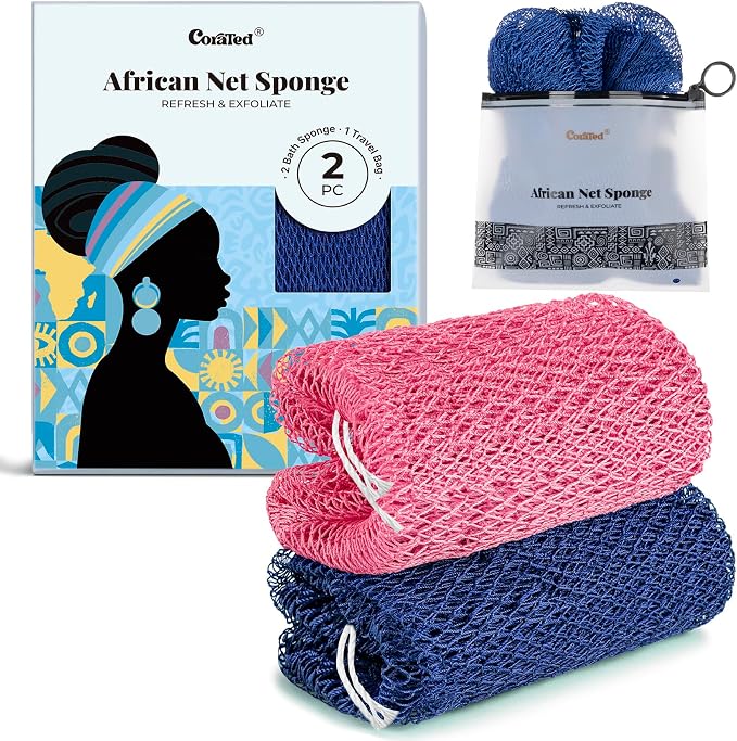 CORATED African Net Sponge Authentic, Shower Loofah Exfoliating Bath Sponge, Body Scrubber for Women and Men Daily Use Body Care, Travel Portable, Durable Bath Accessories Spa Gifts