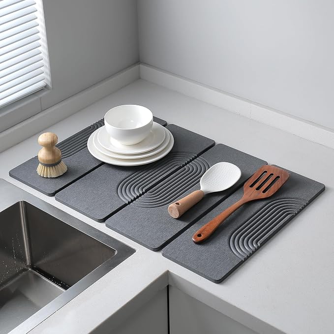 Foldable Stone Dish Drying Mat for Kitchen Counter, Diatomaceous Earth Drying Mat with Non-Slip Backing, Heat Resistant Multifunctional Mat for Kitchen & Bathroom, Instant water absorption-(24"×16")