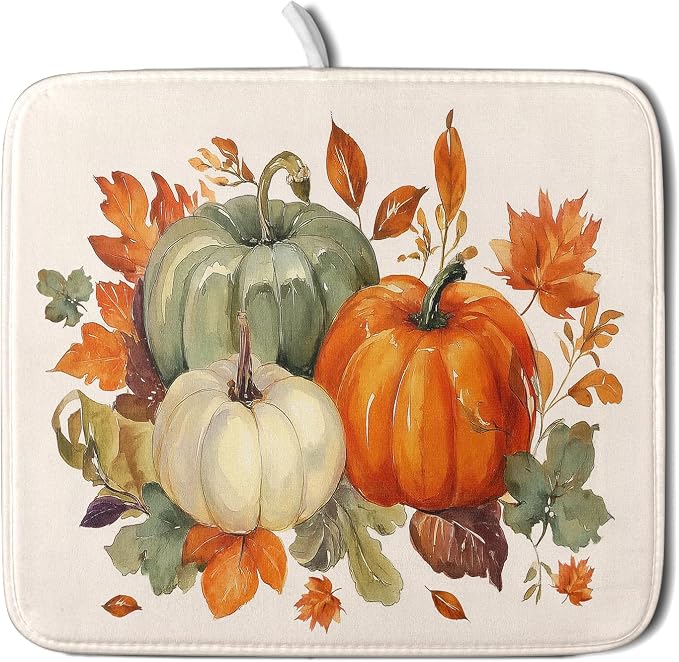Giwawa Fall Pumpkin Dish Drying Mat Autumn Leaves Absorbent Dishes Pad 16x18 Inch Seasonal Microfiber Dish Drainer Rack Mat for Kitchen Countertop
