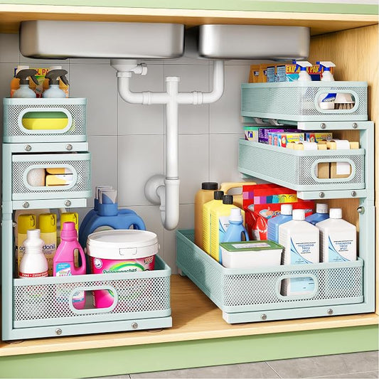 Under Sink Organizer, 2-Pack 3-Tier Height Adjustable Thickened Metal Pull out Cabinet Organizer Shelf, Slide out Storage Drawer Rack for Bathroom Kitchen Pantry Home Organization, LightBlue