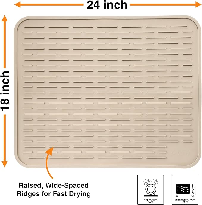 XXL Silicone Dish Drying Mat for Kitchen Counter or Under Sink, 24" x 18" Extra Large, Waterproof Pet Feeding Mat, Dog Food, Water Bowls, Under Drying Racks for Dishes, Coffee Bars, Bar Mats (Beige)