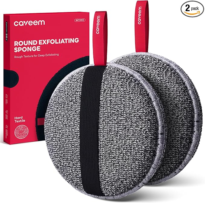 Caveem Exfoliating Body Scrubber, Extra Rough Shower Exfoliator Sponge, Body Exfoliating Sponges for Remove Dead Skin, Bath and Body Exfoliate Buffer, Round Sponge for Women (2 Pack)
