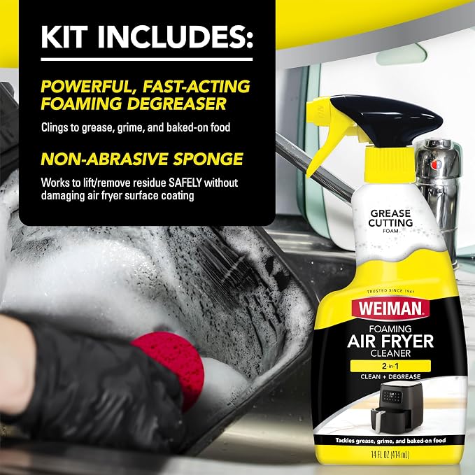 Weiman Foaming Air Fryer Cleaning Kit, Cleaner & Degreaser for Ceramic Baskets & Trays, Removes Grease, Grime, Oil & Baked-On Food, Includes Non-Abrasive Sponge, Fast-Acting, Residue-Free, 14 oz