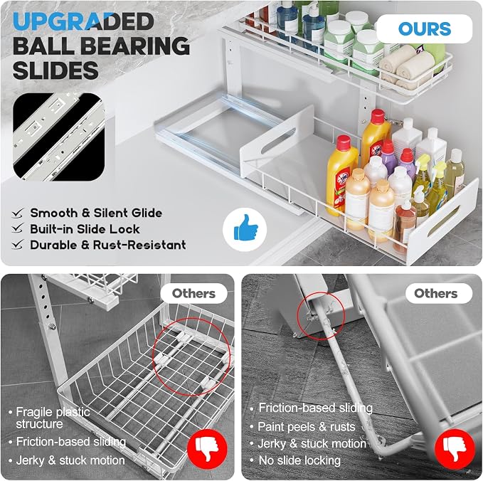 Under Sink Organizer Upgrade To Professional Rails,2-Tier Dual Pull Out Cabinet Storage,Height Adjustable Slide Out Drawers For Bathroom Kitchen,2 Pack-18.5"Dx12.8"-16.9"H,White