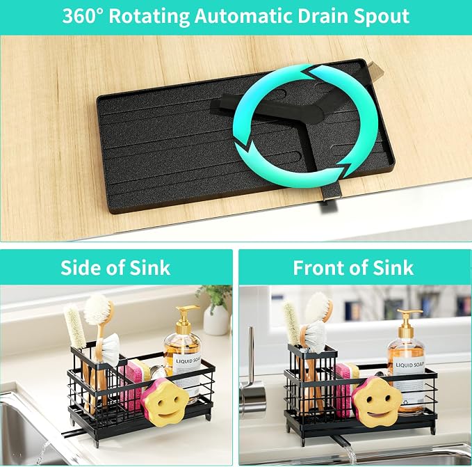 HapiRm Sponge Holder for Kitchen Sink - Self-draining Sink Caddy with Smiley Face and Brush Holder, Stainless Steel Kitchen Countertop Essentials and Gadgets - Black