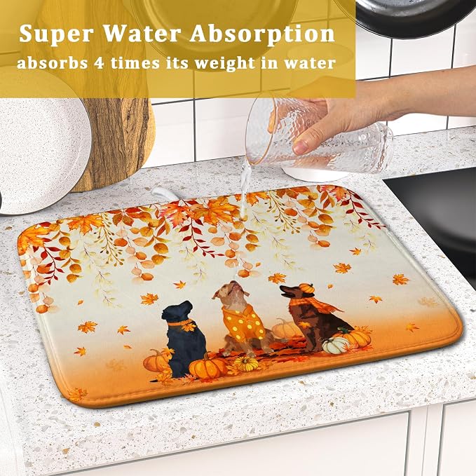 Giwawa Fall Dogs Dish Drying Mat Autumn Leaves Reusable Dishes Pad 16"x18" Holiday Microfiber Quick Dry Dish Drainer Rack Mat for Kitchen Counter