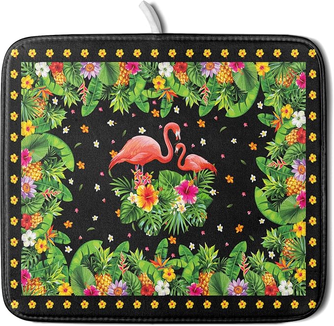 Giwawa Tropical Flamingo Dish Drying Mat Palm Leaves Absorbent Dishes Drainer Pad Microfiber Dish Rack Mat for Kitchen Countertop Decor 16x18 Inch