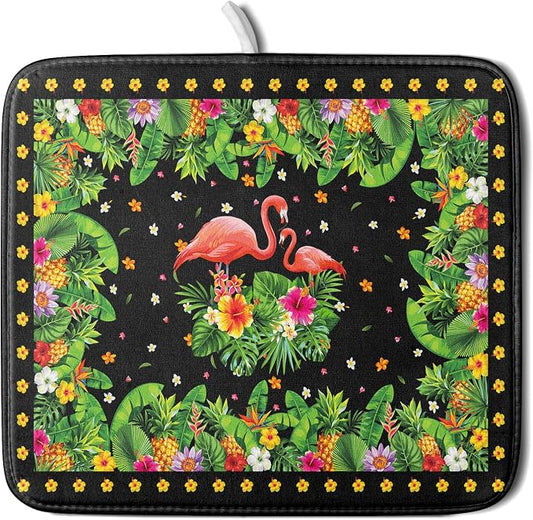 Giwawa Tropical Flamingo Dish Drying Mat Palm Leaves Absorbent Dishes Drainer Pad Microfiber Dish Rack Mat for Kitchen Countertop Decor 16x18 Inch